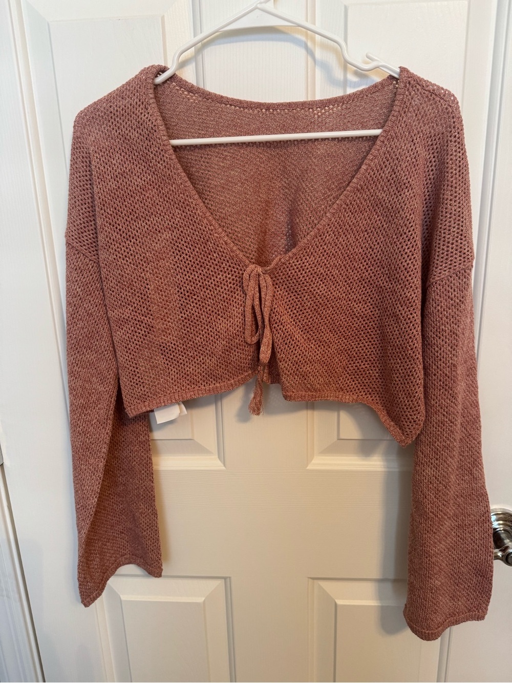 MINKPINK Swim Women’s Crochet Long Sleeve Tie Front Crop Sweater Small Rose